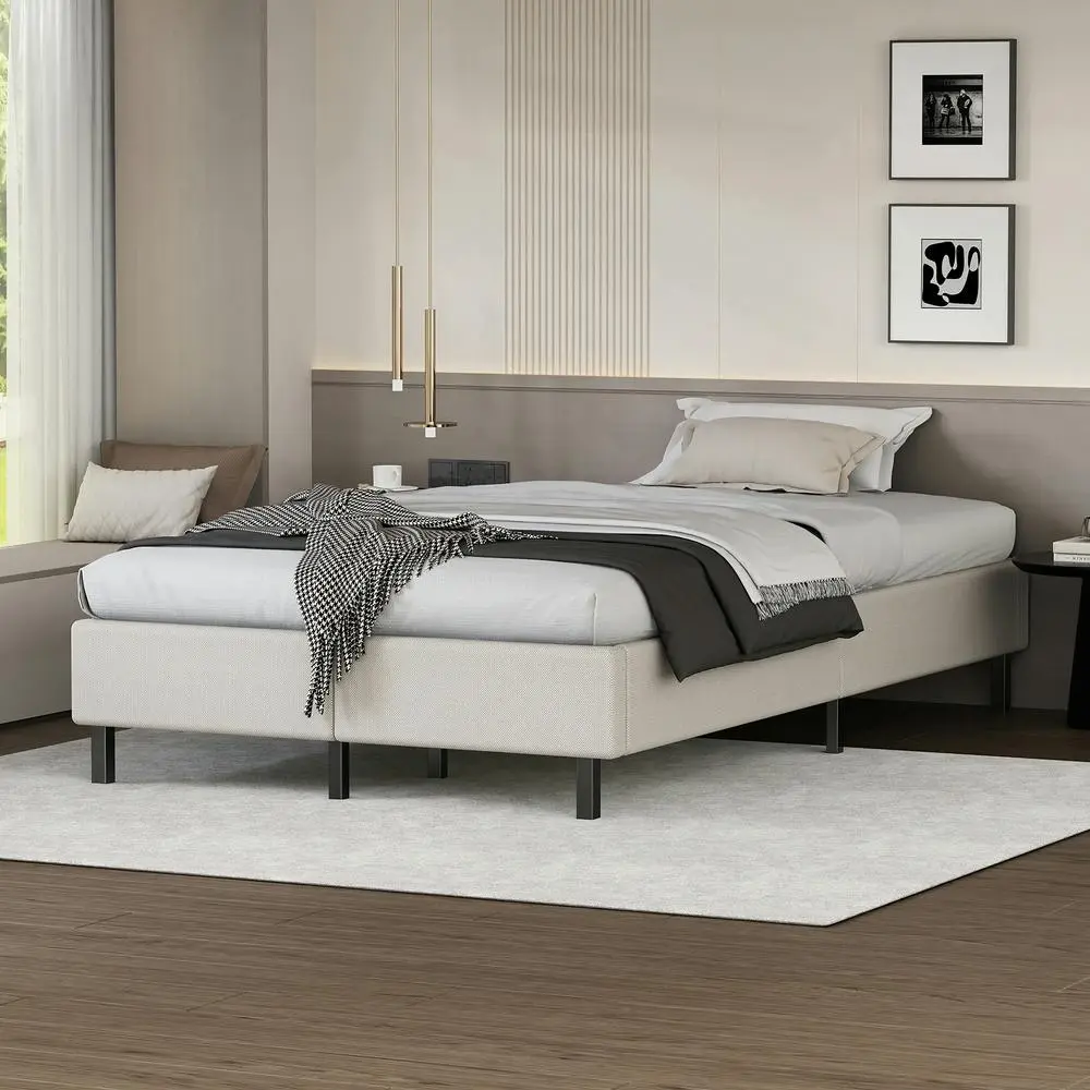 Alfordson Bed Frame King Single Mattress Base Foundation Beige Fabric BASEL - Furniture