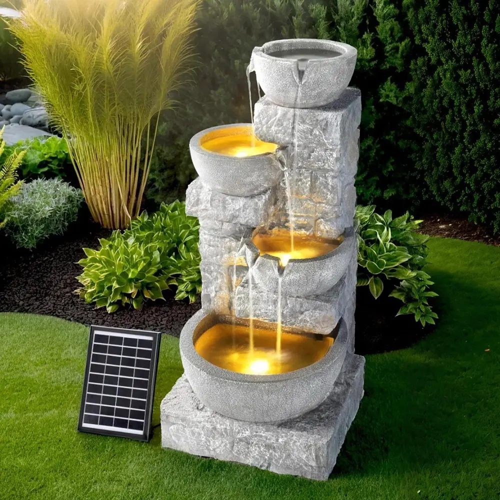 Gardeon Solar Fountain Water Feature Outdoor LED Lights Gray - Home & Garden