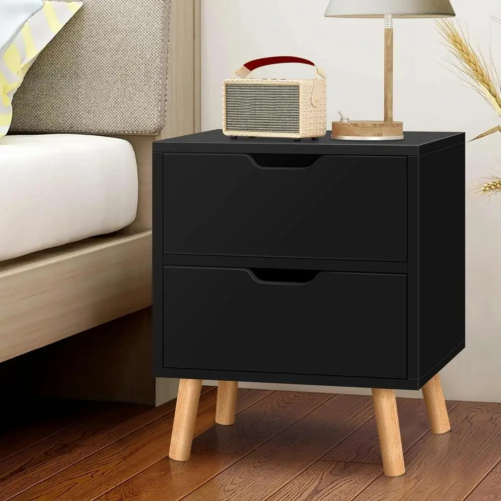 Alfordson Bedside Table Nightstand Side Table 2 Drawers Black - Furniture