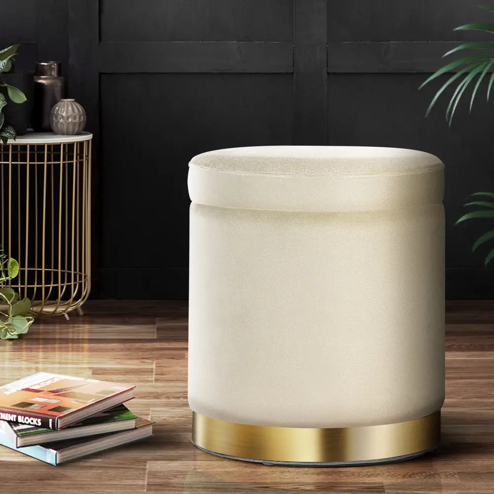 Artiss Ottoman Storage Foot Stool Round Velvet Cream - Furniture