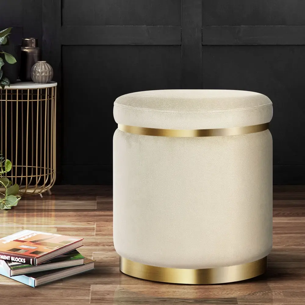 Artiss Ottoman Foot Stool Round Velvet Cream - Furniture