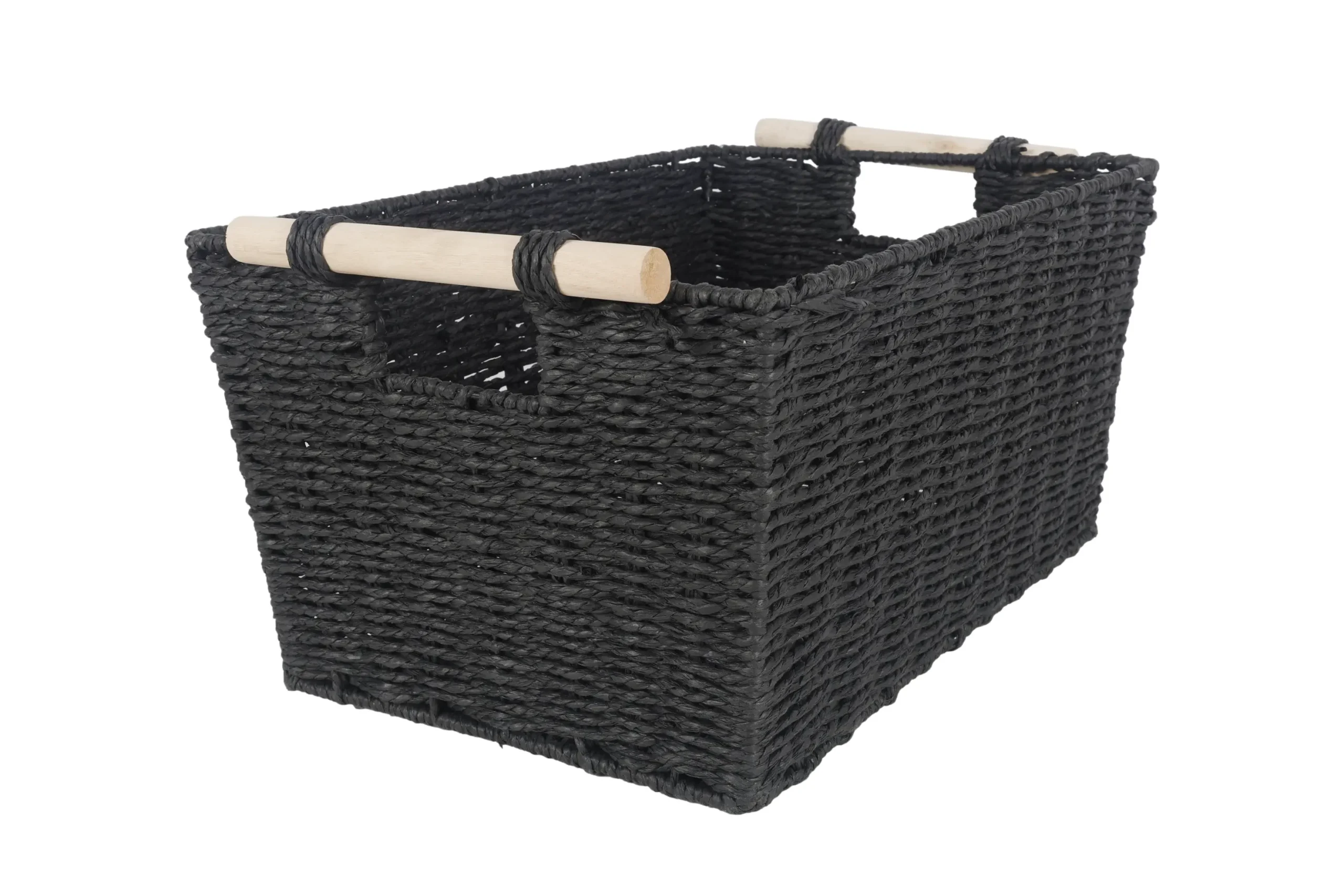 Black Storage Basket With Wooden Handles 42 x 29 x 21cm - Home & Garden