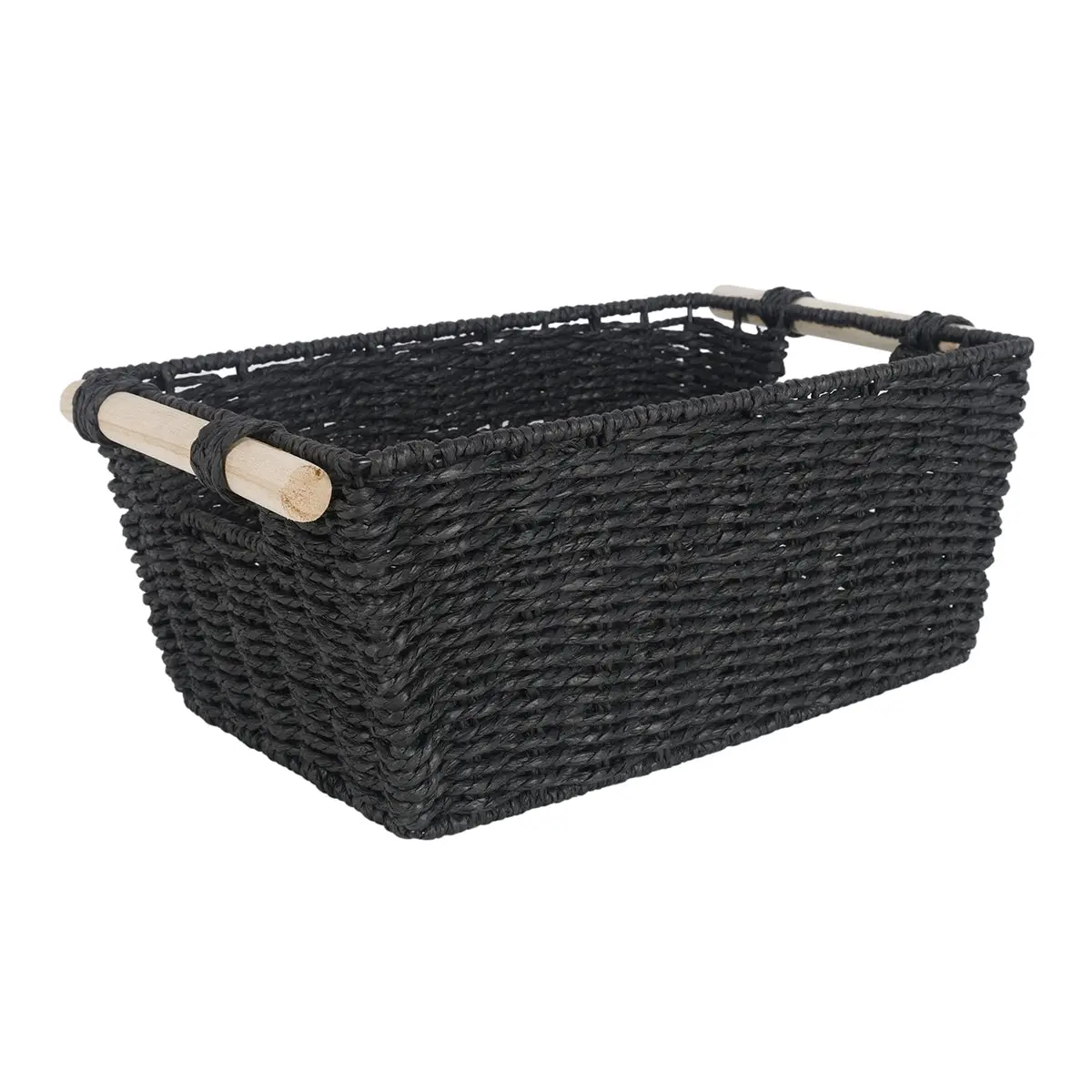Black Storage Basket With Wooden Handles 37 x 24 x 16cm - Home & Garden