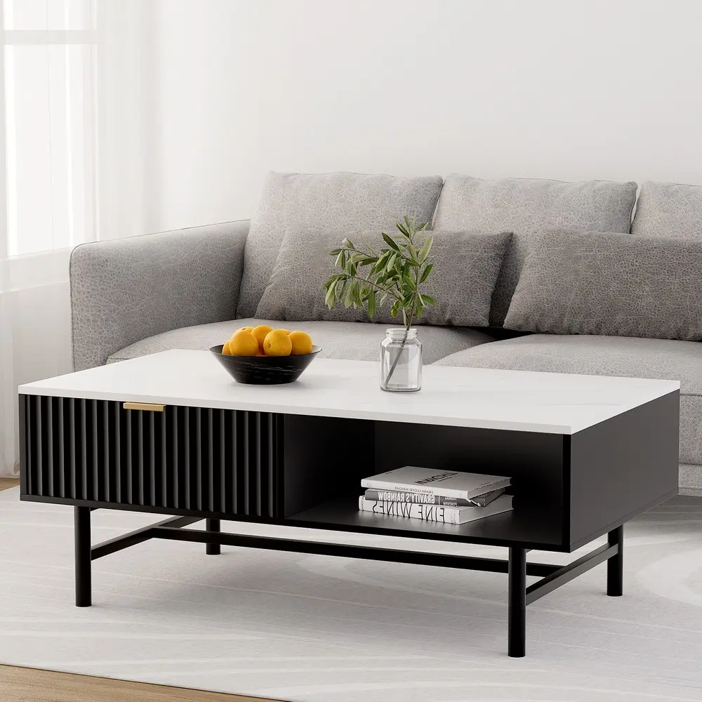 Artiss Coffee Table Drawer Storage Shelf Black - Furniture