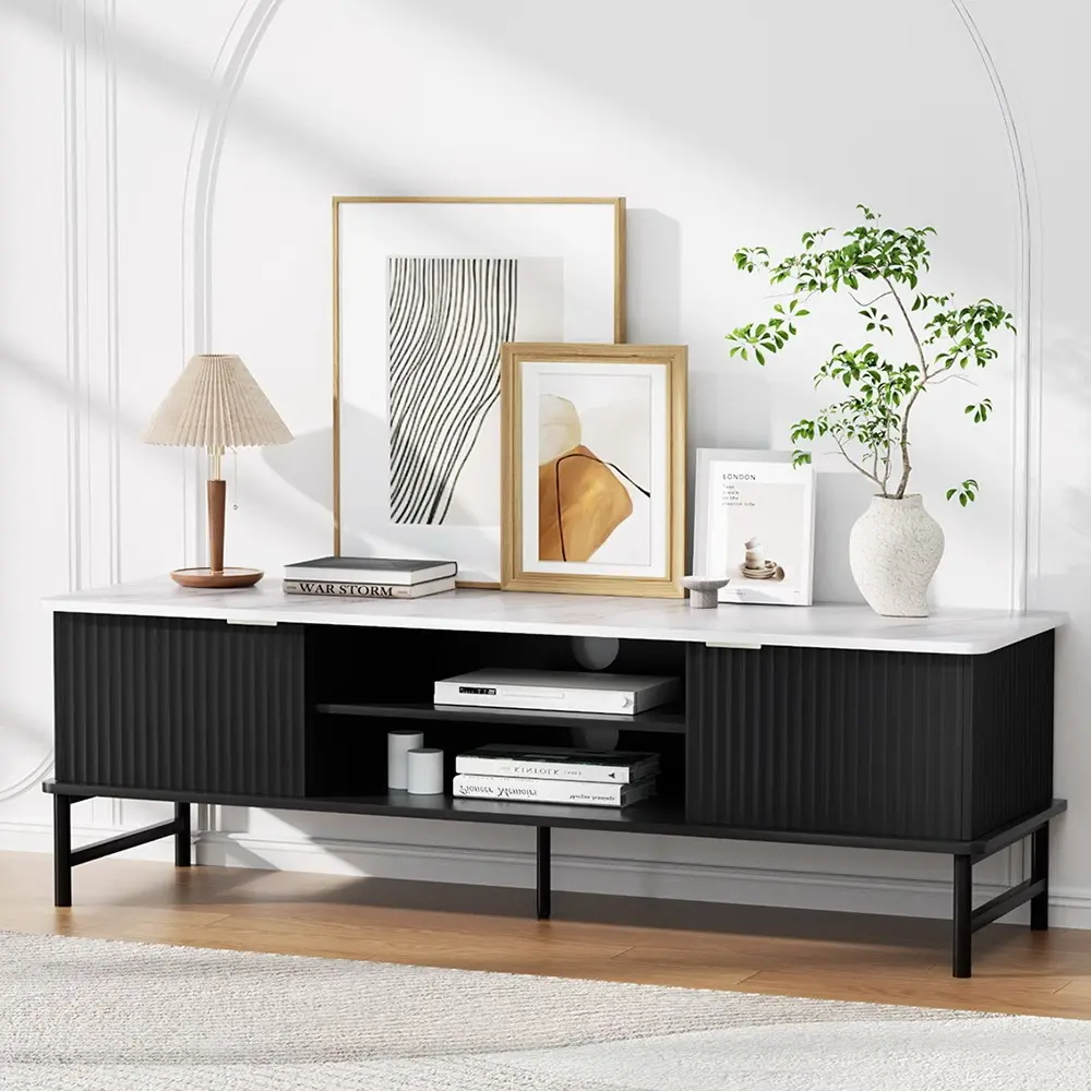 Artiss TV Unit Cabinet Entertainment Unit Storage Shelves 140CM Black - Furniture