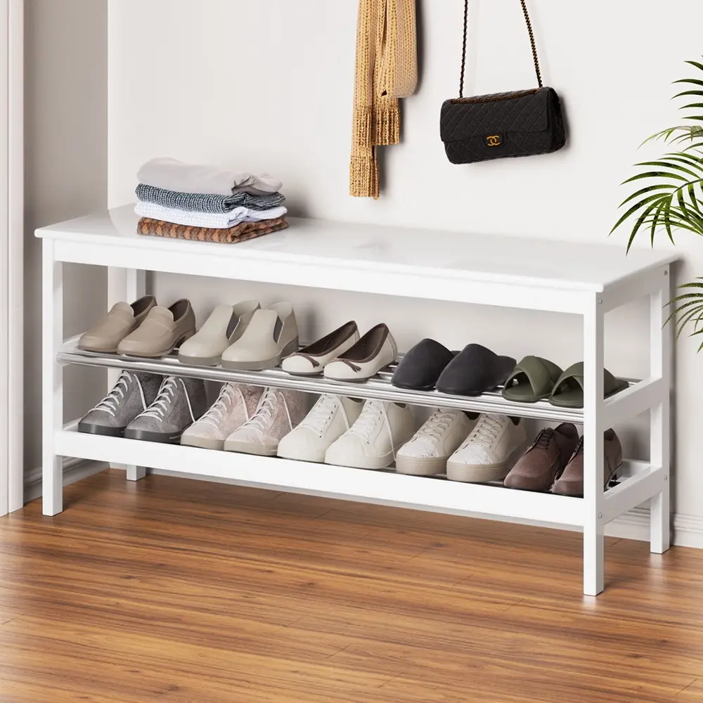 Artiss Shoe Rack Cabinet Bamboo Bench 10 Paris White - Home & Garden