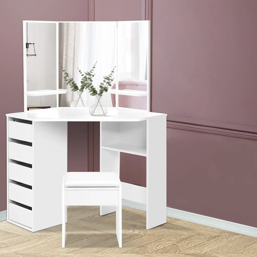 Artiss Dressing Table Stool Set Corner 5 Drawers White - Furniture
