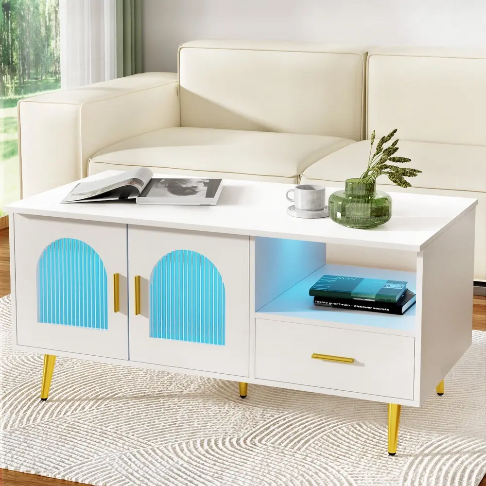 Artiss LED Coffee Table Shelf Drawer Storage White - Furniture