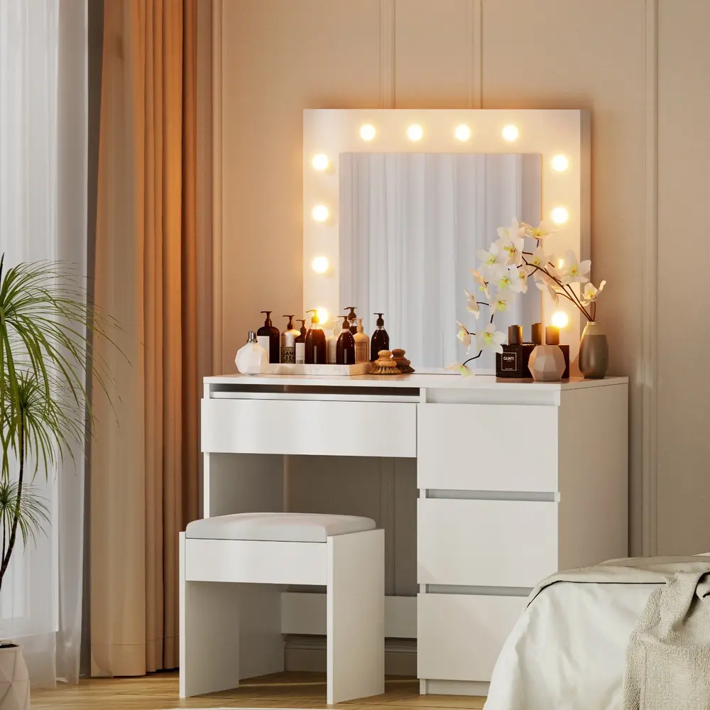Artiss Dressing Table With Mirror Set Stool 12 Led Bulbs White - Furniture