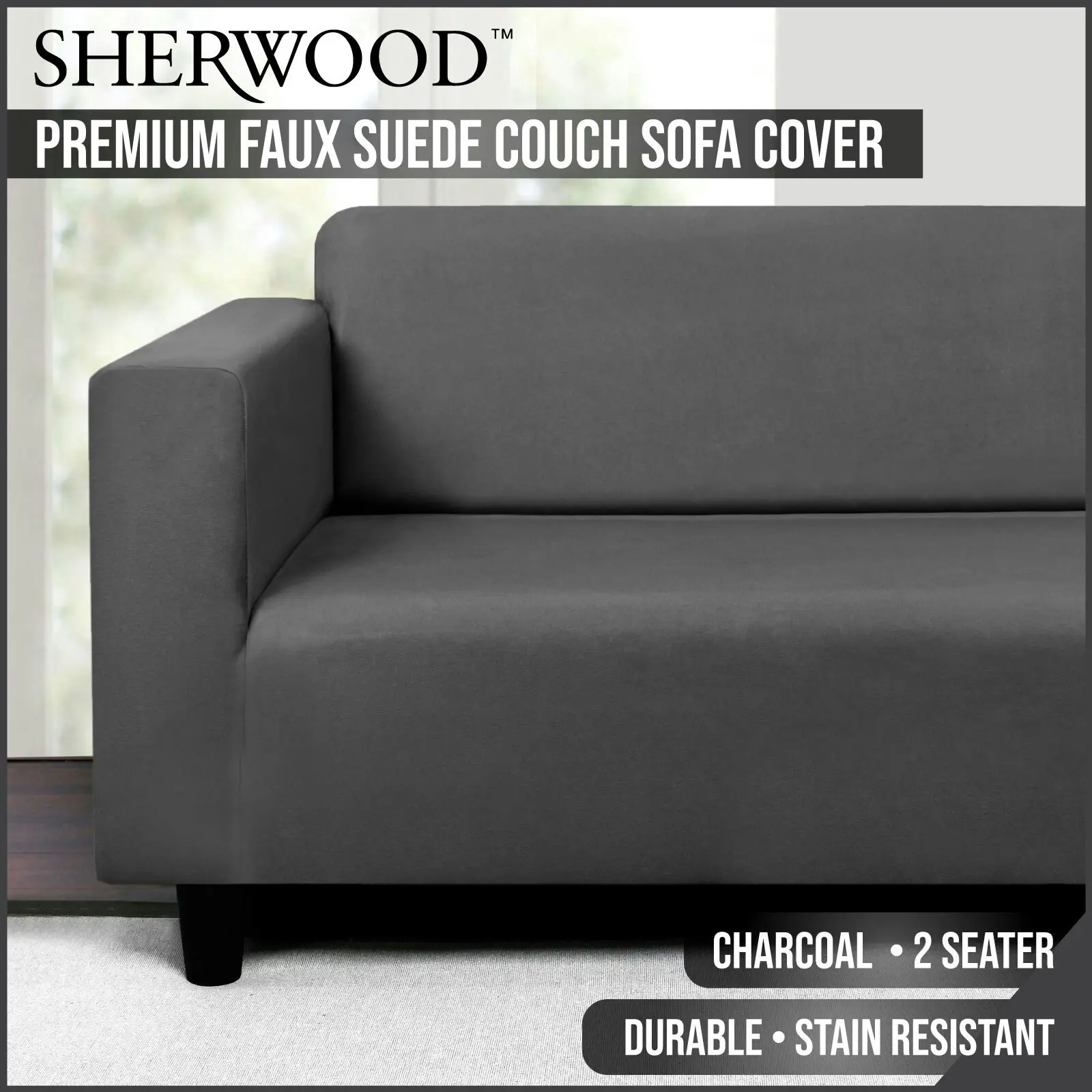 Sherwood Home Premium Faux Suede Charcoal 2 Seater Couch Sofa Cover - Home & Garden