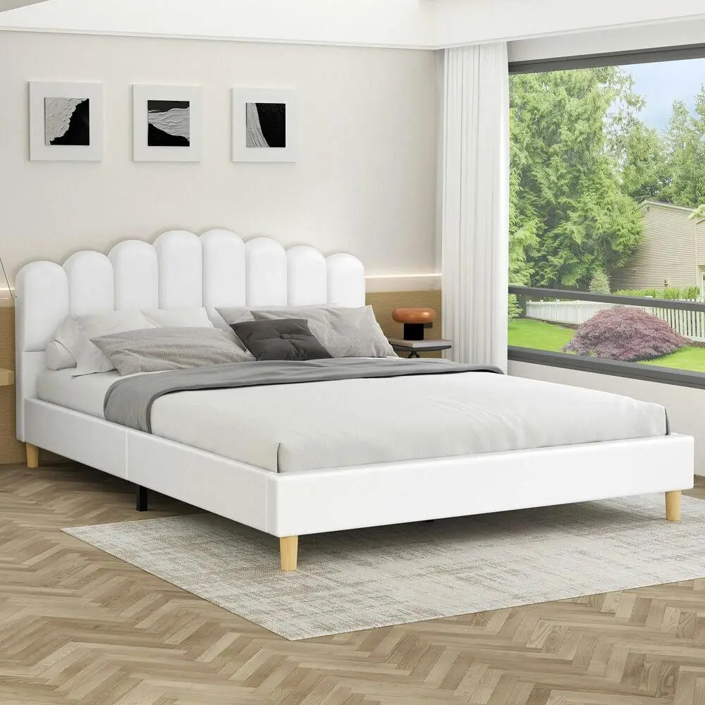 Alfordson Bed Frame Double Size Upholstered Platform Base Leather White TANIA - Top Selling Beds