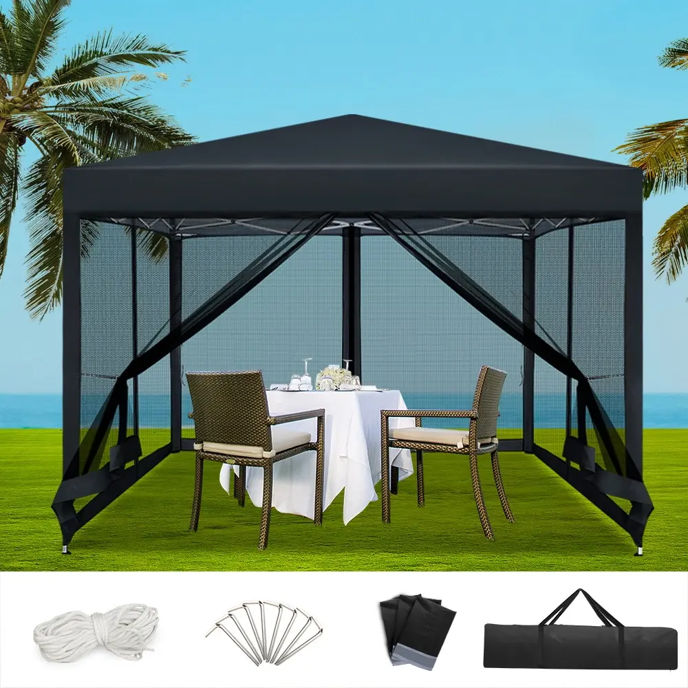 Instahut Gazebo Pop Up Marquee 3x3m Wedding Party Outdoor Camping Tent Canopy Shade Mesh Wall Black - Home & Garden