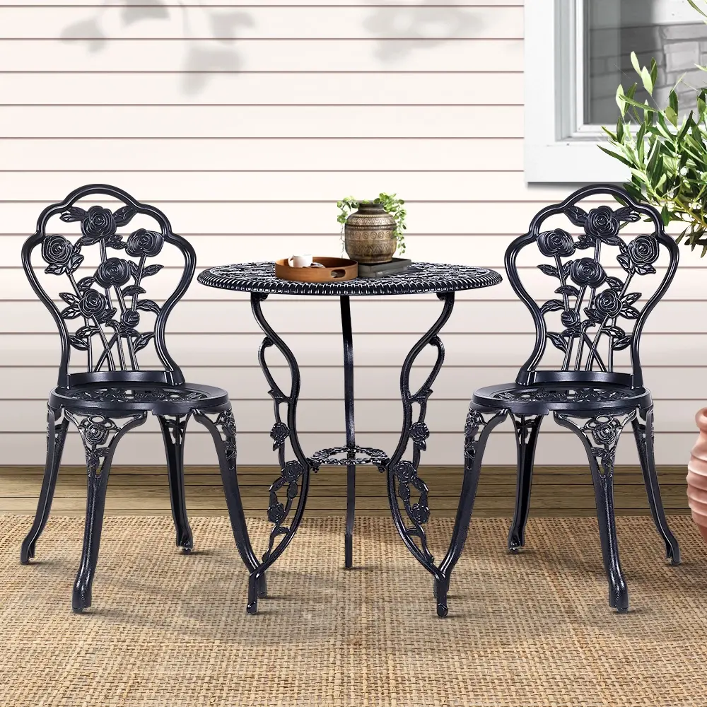 Gardeon 3PC Outdoor Setting Bistro Set Chairs Table Cast Aluminum Rose Black - Up to 65% off Outdoor Furniture