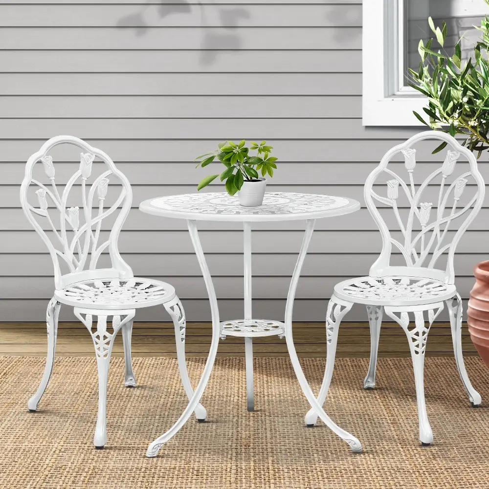 Gardeon 3PC Outdoor Setting Bistro Set Chairs Table Cast Aluminum Patio Furniture Tulip White - Up to 65% off Outdoor Furniture