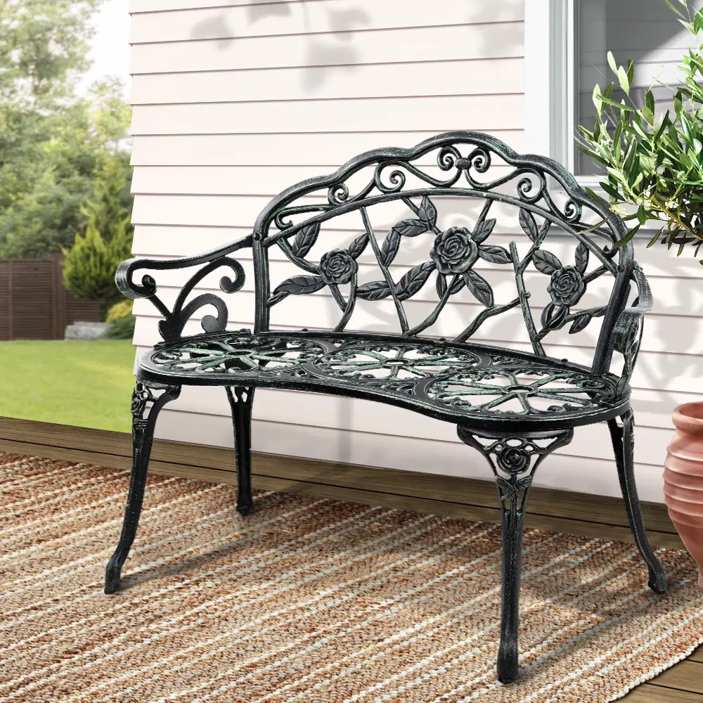 Gardeon Outdoor Garden Bench Seat 100cm Cast Aluminium Patio Chair Vintage Green - Furniture