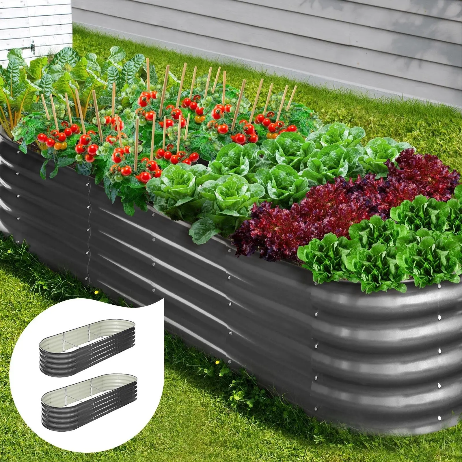 Livsip x2 Galvanised Raised Garden Bed Steel Instant Planter Oval 240X80X42CM - Home & Garden