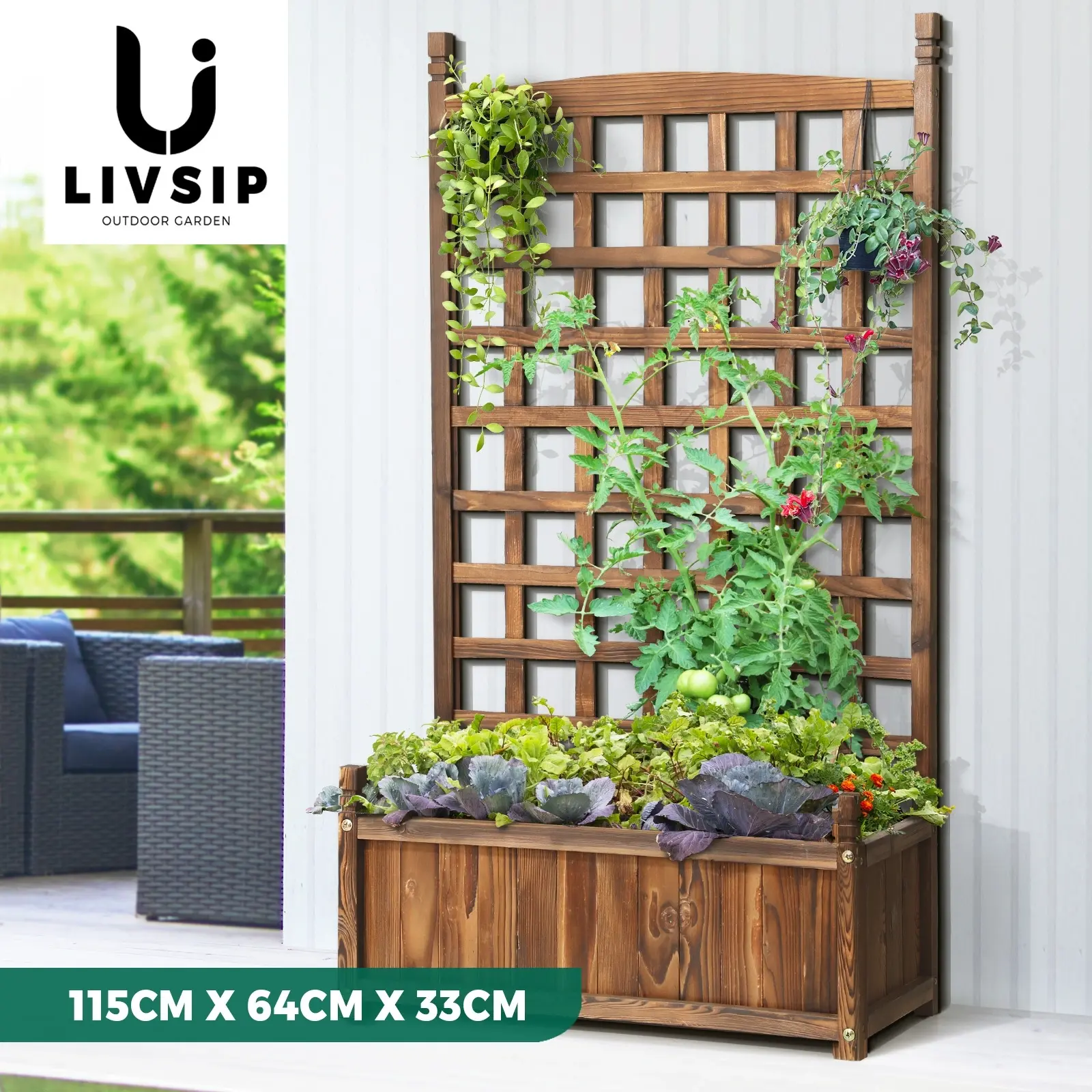 Livsip Raised Garden Bed Wooden Planter Box Vegetables Outdoor Planting 64x115cm - Home & Garden