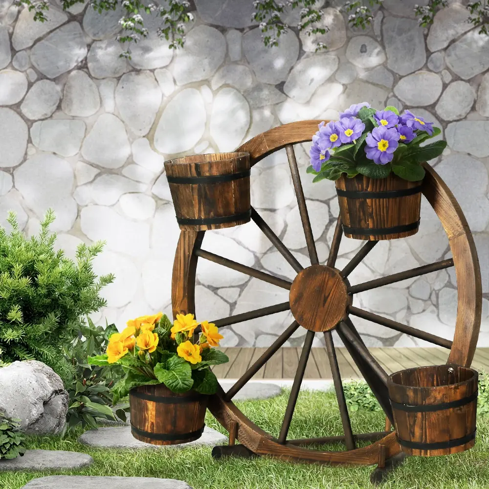 Gardeon Garden Decor Plant Stand Outdoor Ornament Wooden Wagon Wheel 80cm - Home & Garden