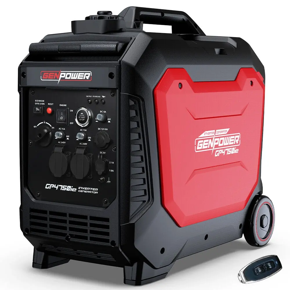 GENPOWER 4.7kW Peak 3.8kW Inverter Generator, Push Button Start, Portable w/ Wheels, Camping, Backup, Mobile A/C - Hardware