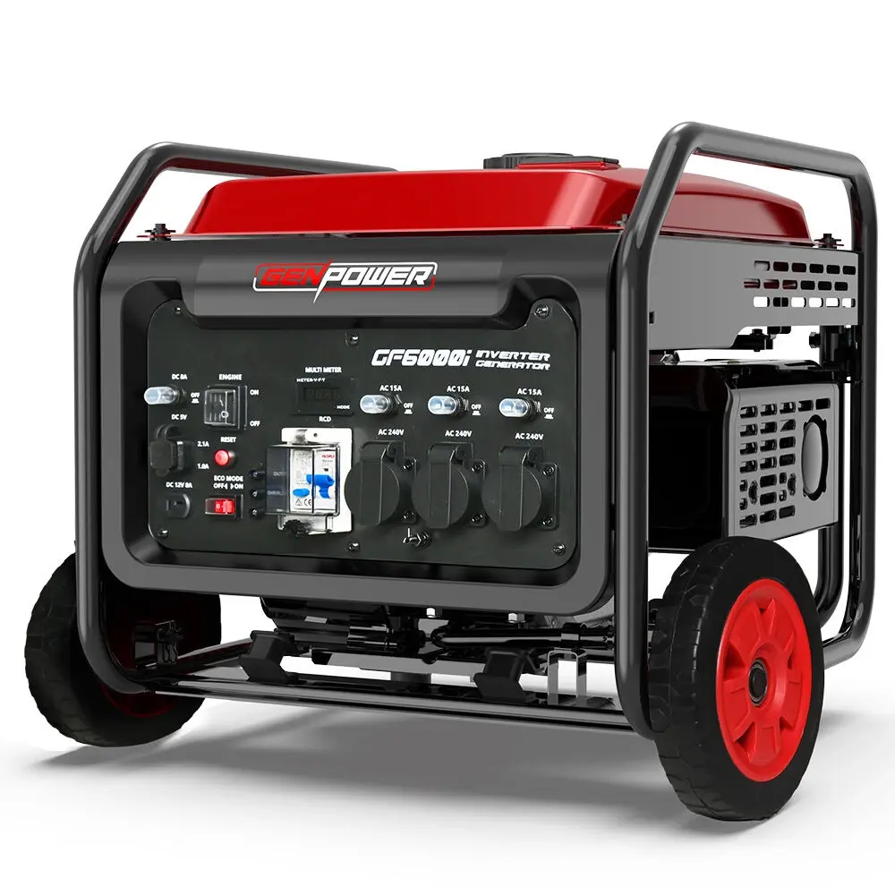 GENPOWER 6kW Peak 5kW Open Frame Inverter Generator, 3x15A, 15L Tank, Wheels, RCD, Portable, Backup - Hardware