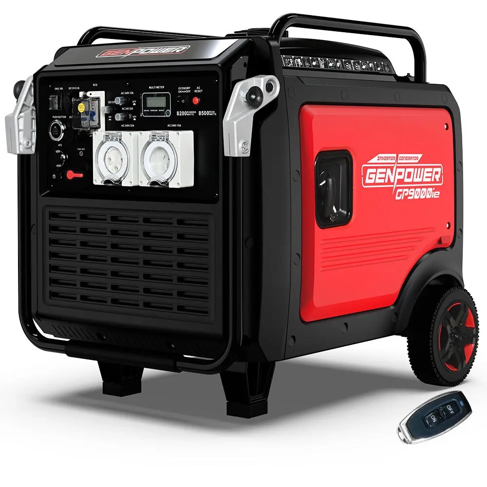 GENPOWER 8.5kW Peak 8.2kW Inverter Generator, Push Button & Remote Start, ATS Compatible, RCD, Portable w/ Wheels, 27L Fuel Tank, Grid Power Home Backup - Hardware