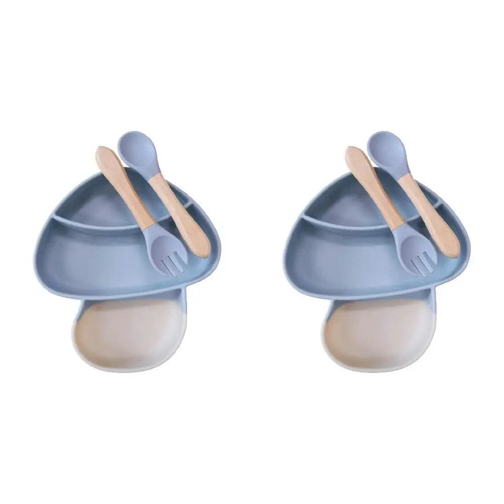 2x LVD Silicone Baby Feeding Mushroom Bowl/Spoon/Fork Set Wood Handle 18x18.5cm