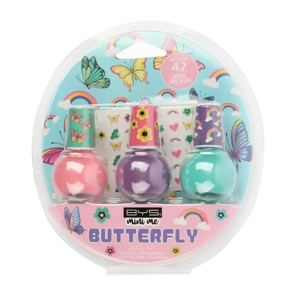 3pc BYS Mini Me Kids Nail Polish Colour Enamel & Sticker Kit/Set Butterfly 3y+ - Beauty