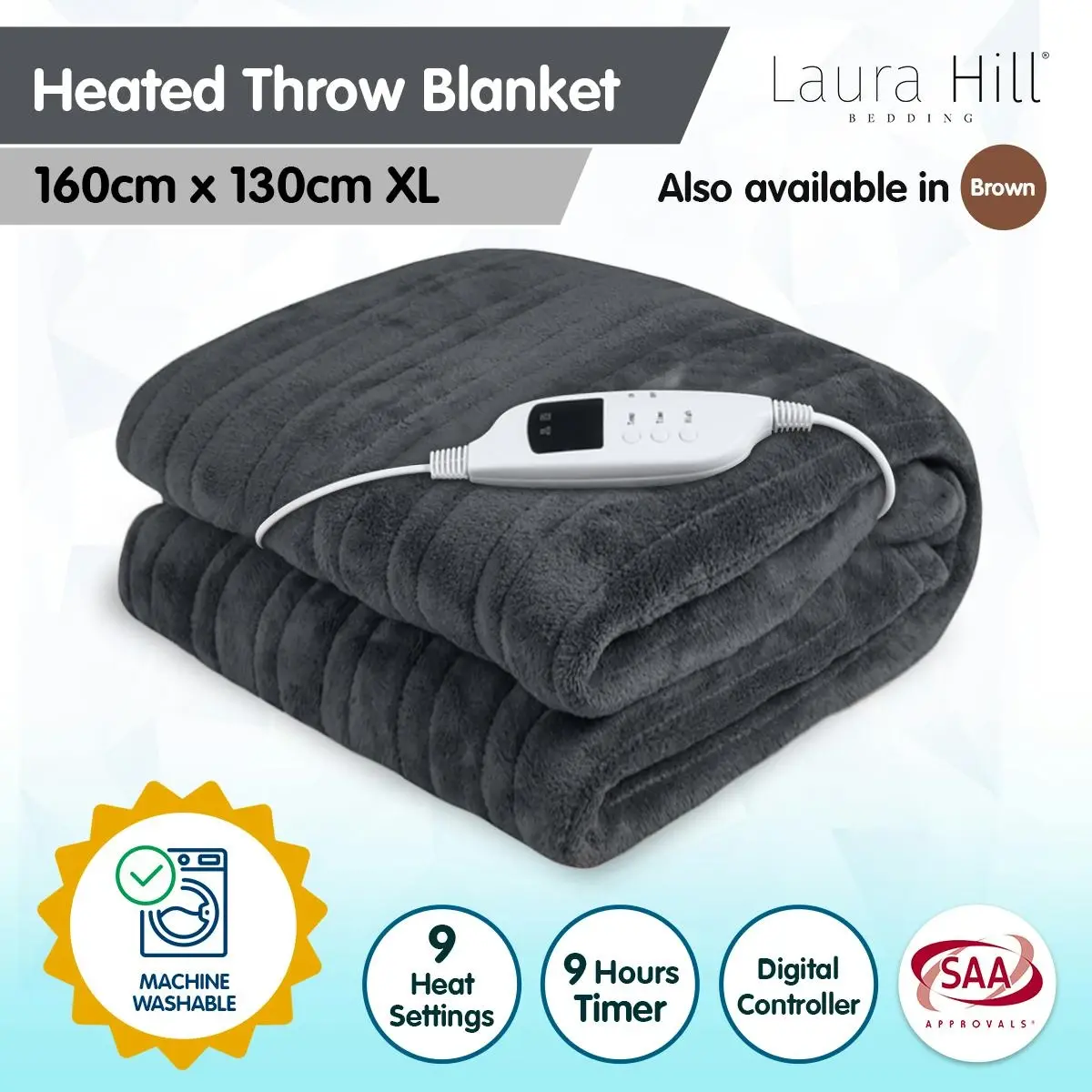 Laura Hill Electric Heated Blanket Throw Soft Coral Fleece w/ 9 Heat Settings - Grey