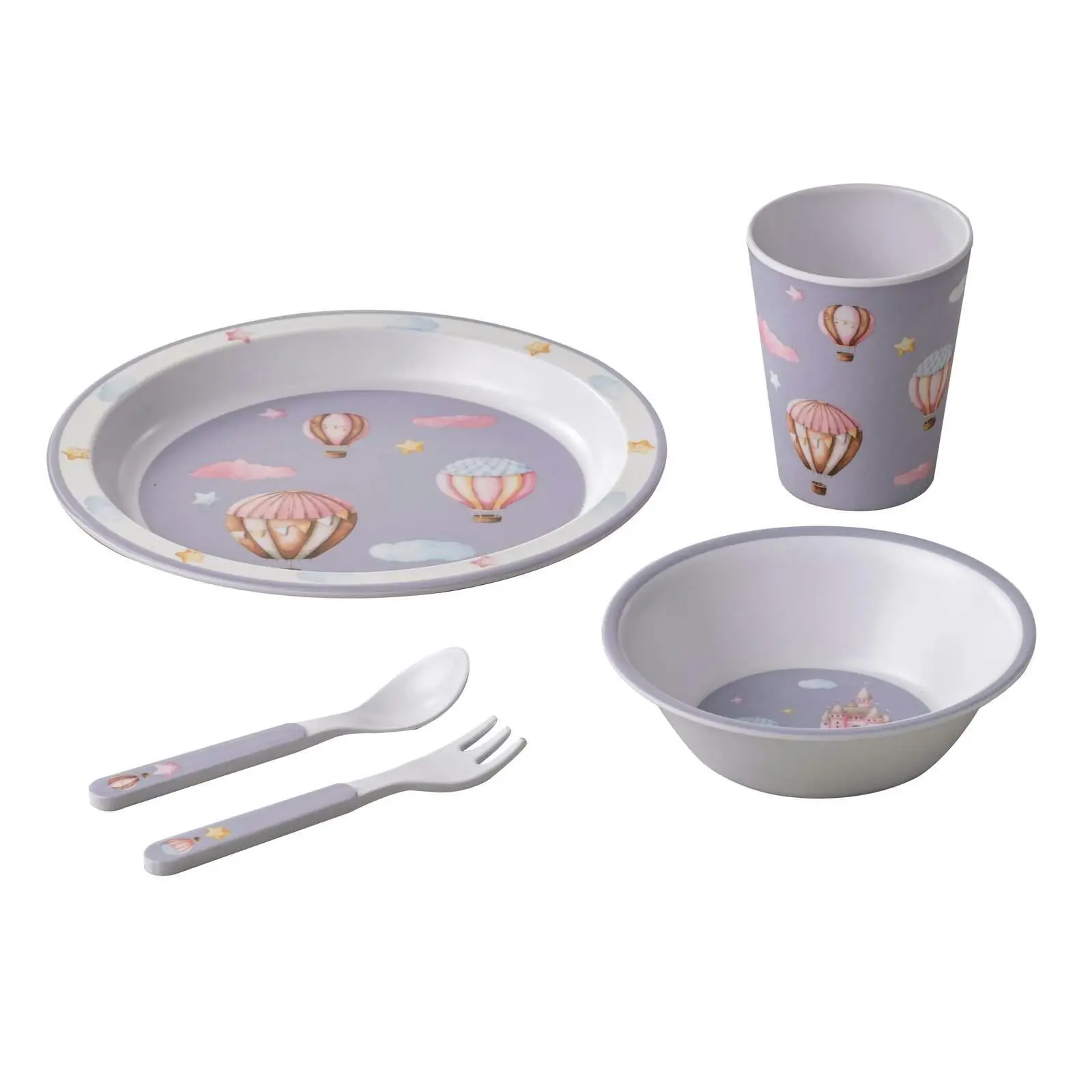5pc Ashdene Up In The Sky Kids Melamine Cup/Bowl/Plate/Fork/Spoon Dinner Set - Home & Garden
