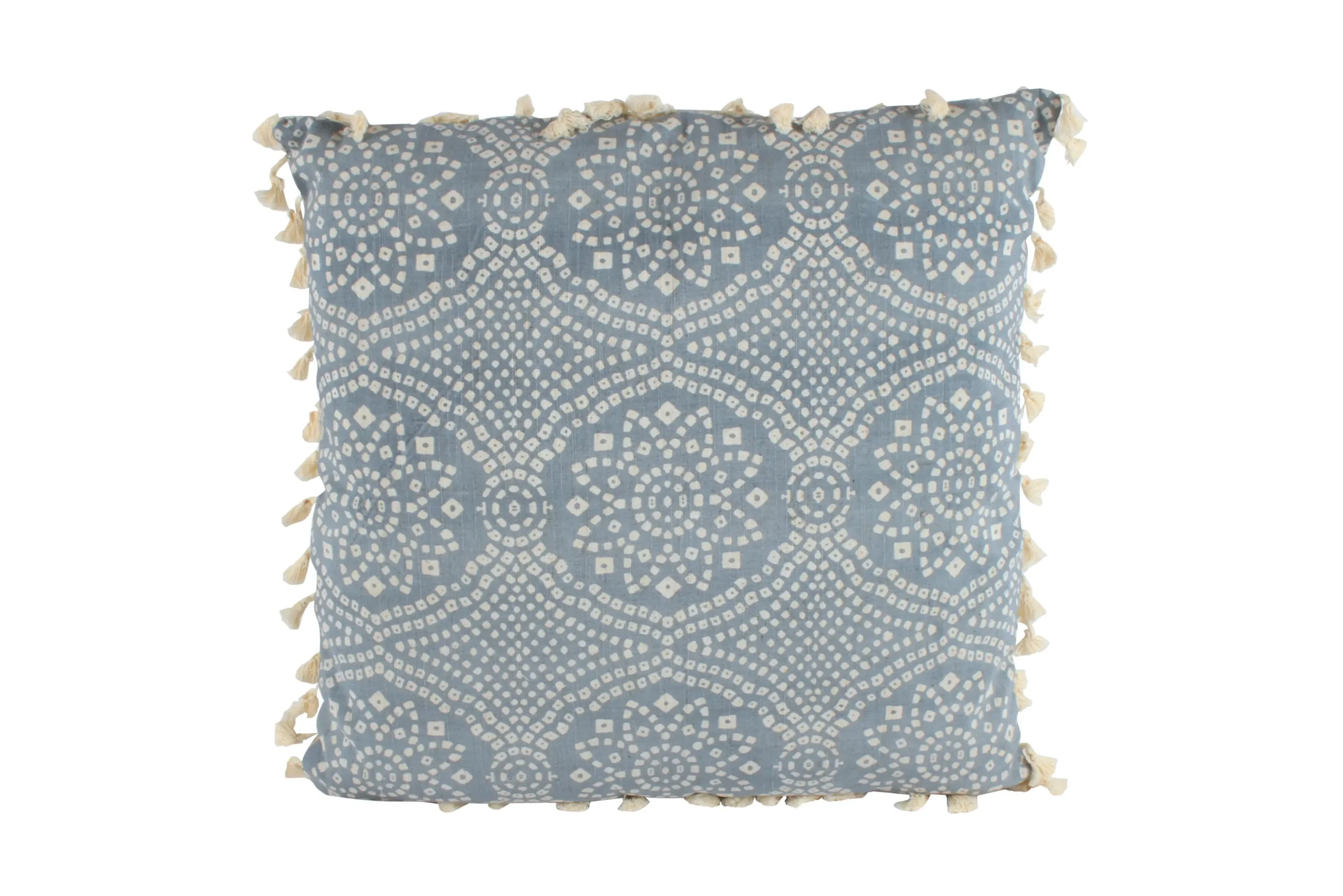 50cm Blue Printed Cushion with Tassels - Home & Garden