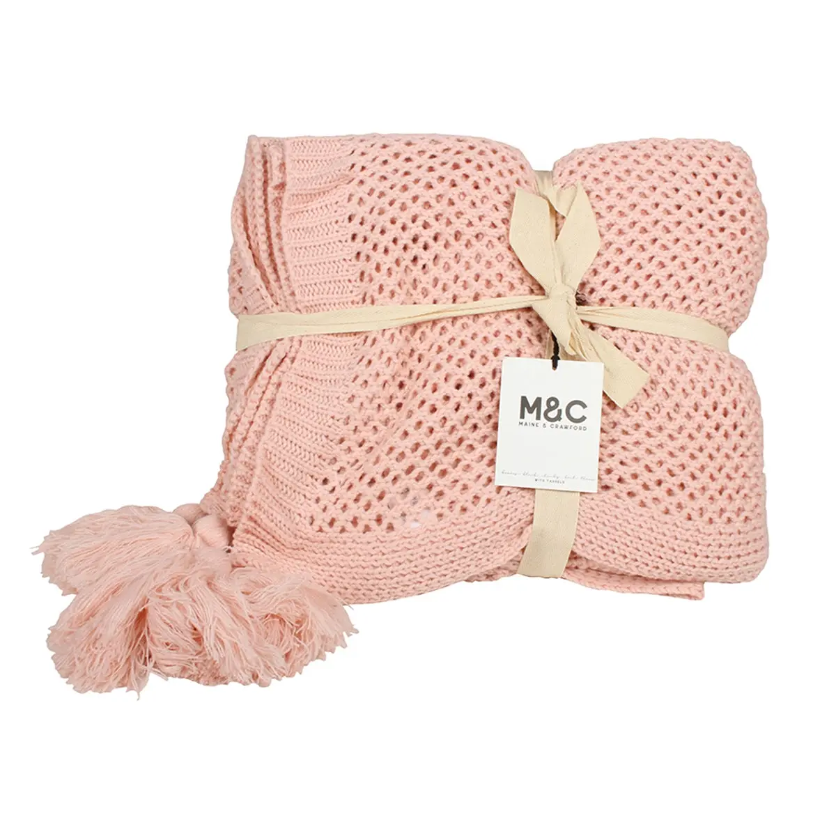 Blush Pink Chunky Knit Throw With Tassels 152x127cm - Home & Garden