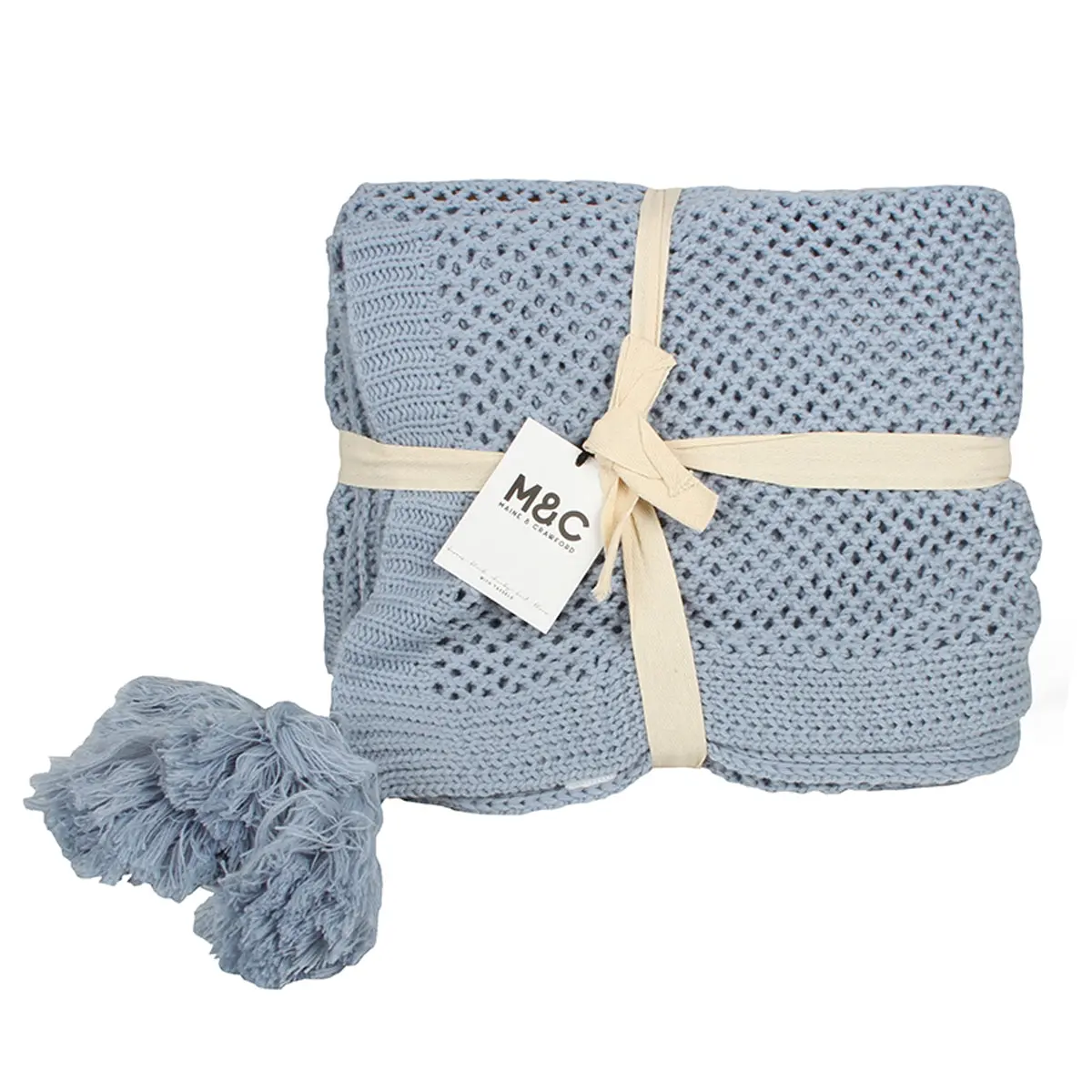 Chunky Knit Throw with Tassels Smokey Blue 152x127cm - Home & Garden