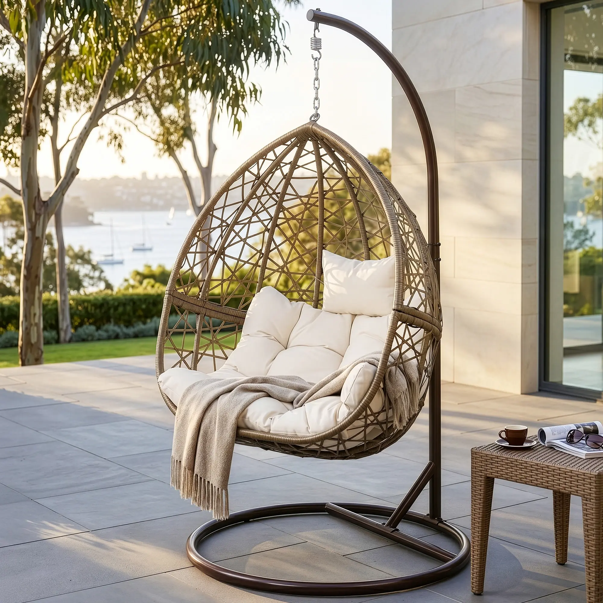 Gardeon Outdoor Egg Swing Chair Wicker Rattan Furniture Pod Stand Cushion Latte