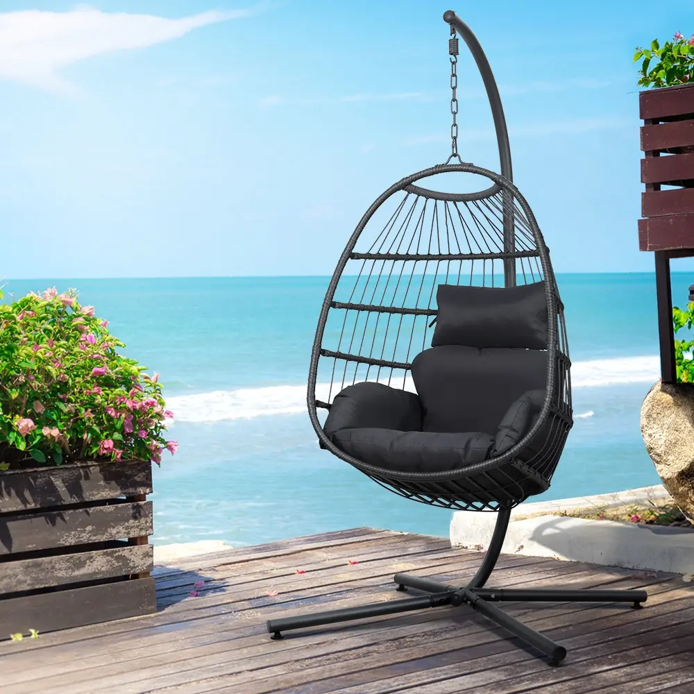 Gardeon Outdoor Egg Swing Chair Wicker Rope Furniture Pod Stand Foldable Grey - Up to 65% off Outdoor Furniture