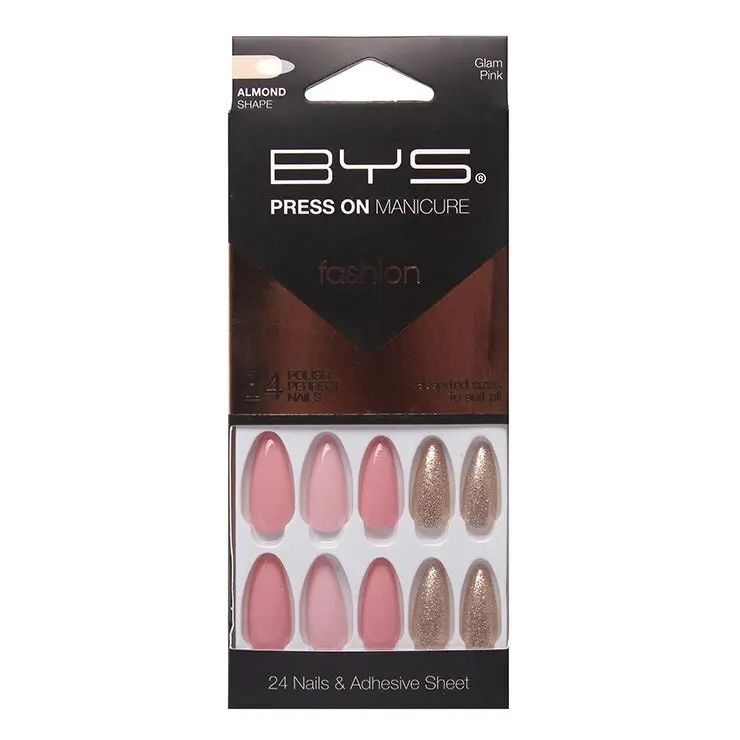 24pc BYS Press On Manicure/Artificial Reusable Glitters Fake Nails Pink Almond - Beauty