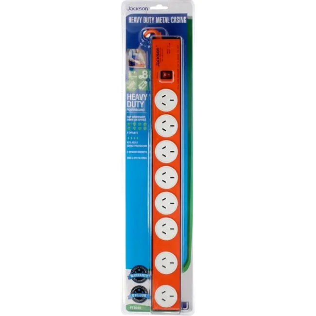 Jackson PT8888 8-Way Outlet Metal Powerboard w/1.2m Cord Surge Protection Orange