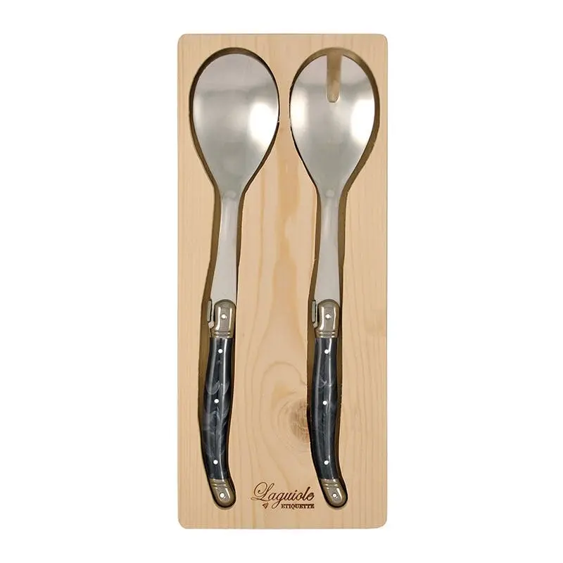 2pc Laguiole Etiquette 28cm Stainless Steel Salad Fork & Spoon Marble Black - Home & Garden