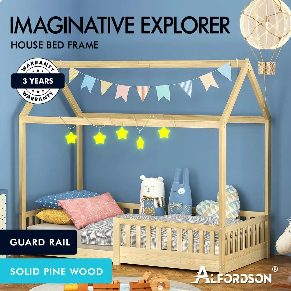Alfordson Kids Bed Frame Wooden Timber Single House Frame Platform Base with Security Rail Oak - Furniture