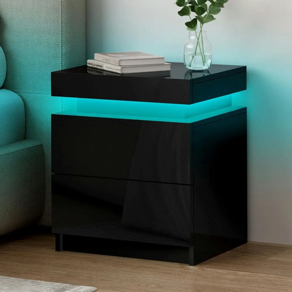 Alfordson Bedside Table LED Gloss Black - Furniture