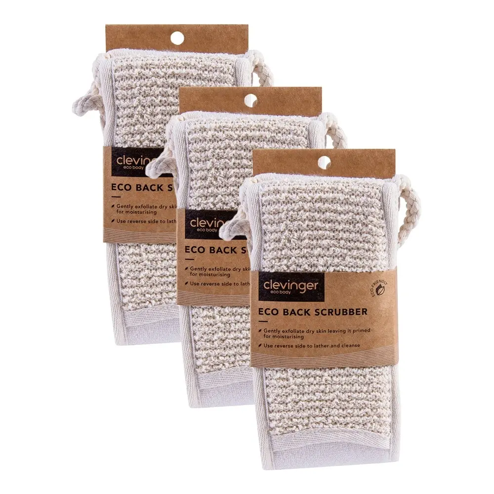 3x Clevinger Eco Double Sided Cotton/Hemp & Sponge Back Scrubber 8.5x69cm - Beauty
