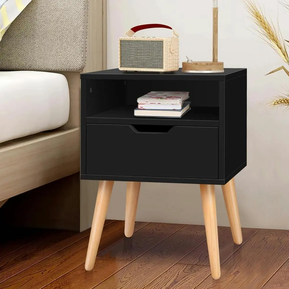 Alfordson Bedside Table Nightstand Side Storage Cabinet Scandinavian Black - Furniture