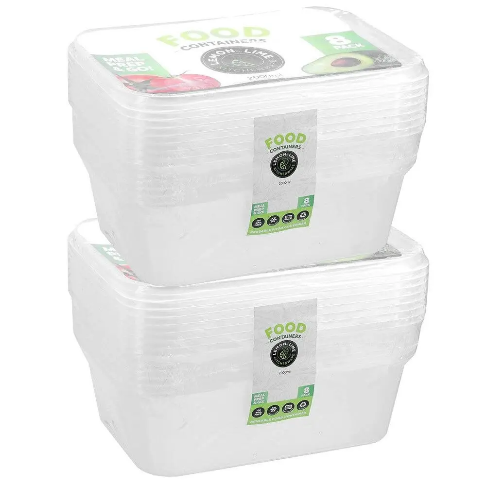 2x 8PK Lemon & Lime Reusable 2L Rectangle Food Container/Storage w/ Lid Clear - Home & Garden