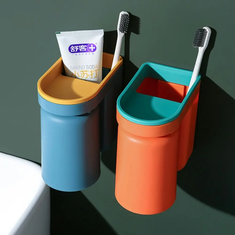 2Pcs Toothbrush Holder Punch-Free Shelf Household Wall-Mounted Mouthwash Cup
