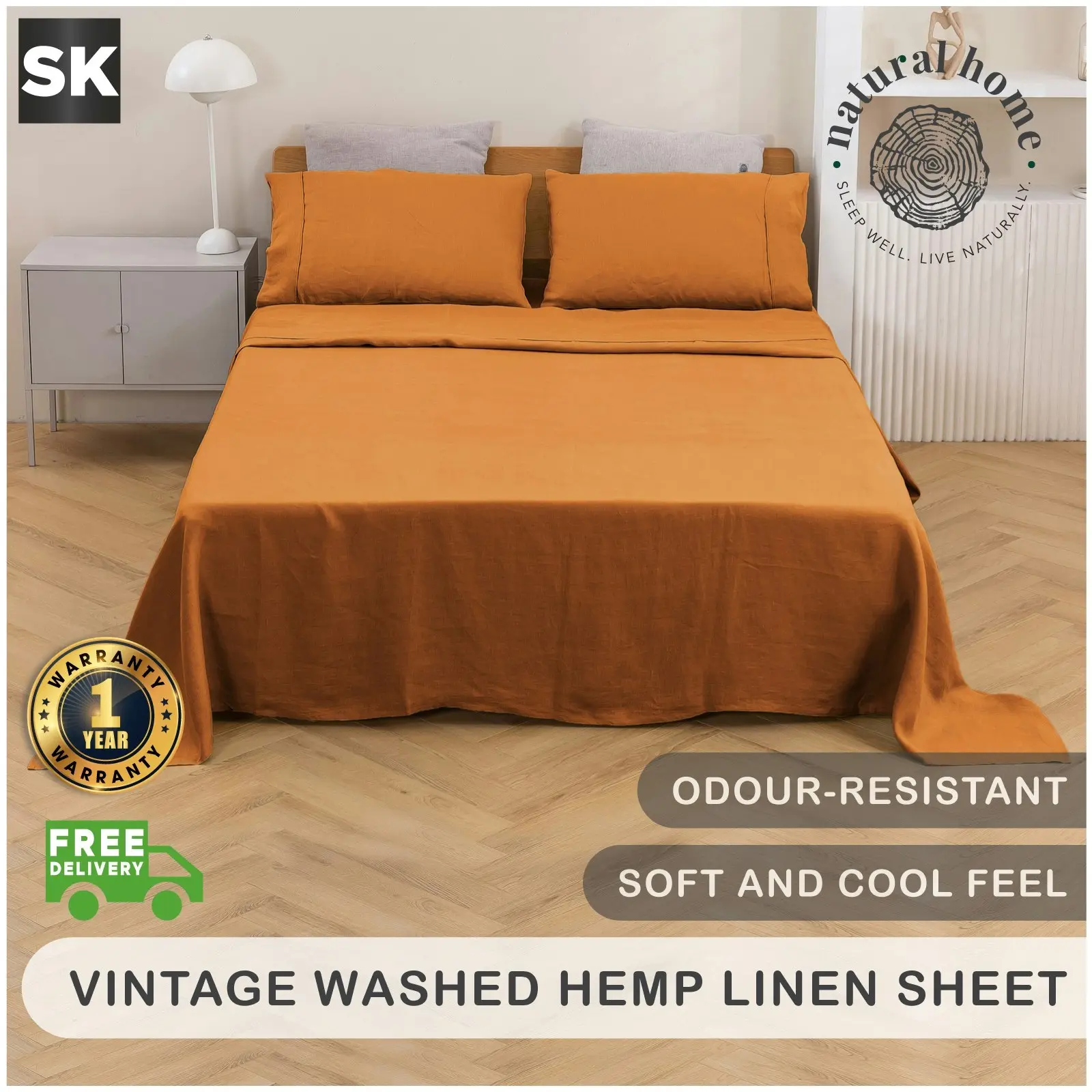 Natural Home Vintage Washed Hemp Linen Sheet Set Rust Super King Bed - Home & Garden