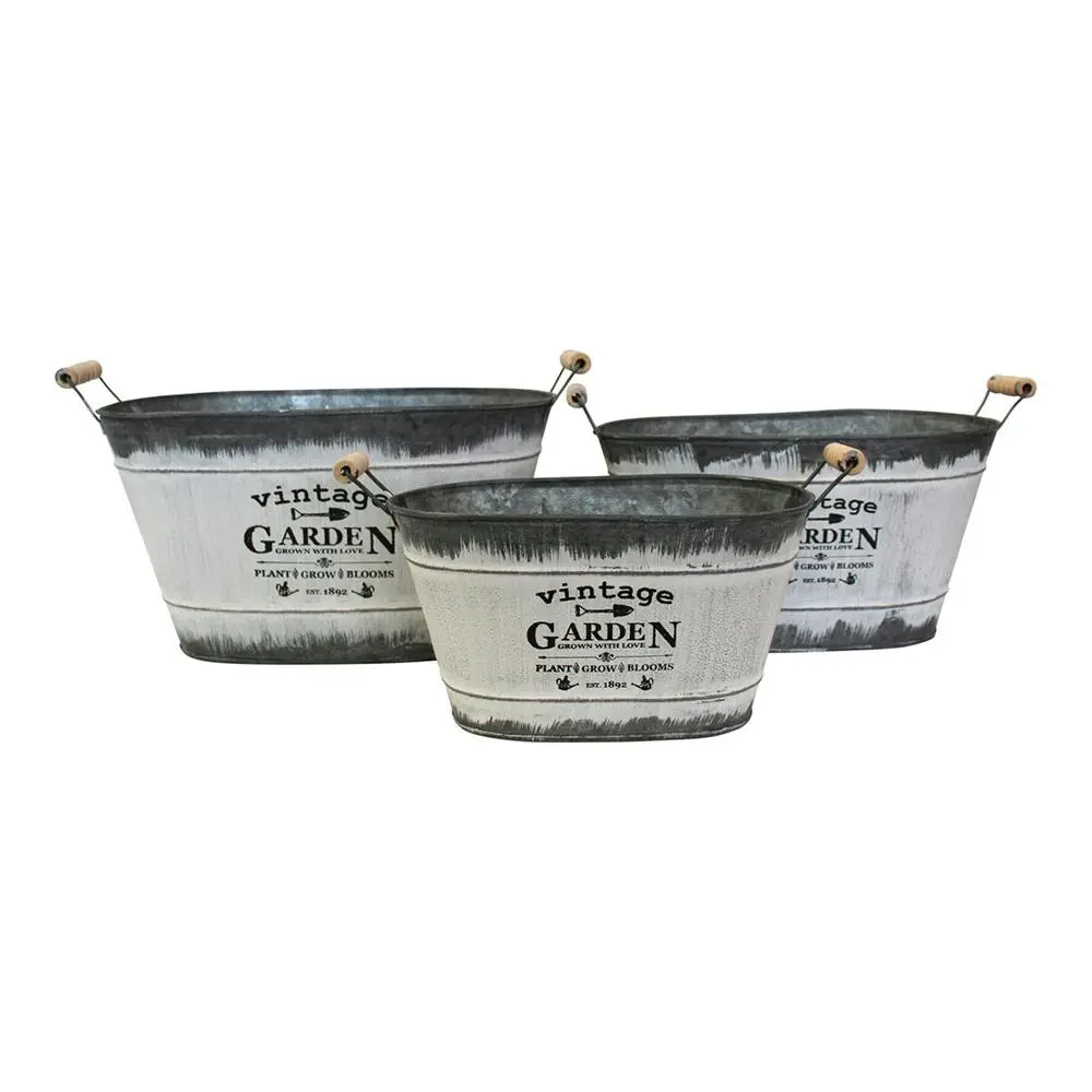 3pc Rustic 25.5/30/34.5cm Oval Planter w/ Handle Garden Pot Display Set Grey - Home & Garden