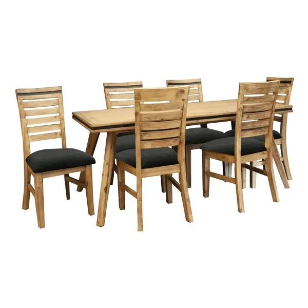 7 Pieces Dining Suite 180cm Medium Size Dining Table & 6X Chairs in Solid Acacia Wooden Frame in Silver Brush Colour - Furniture