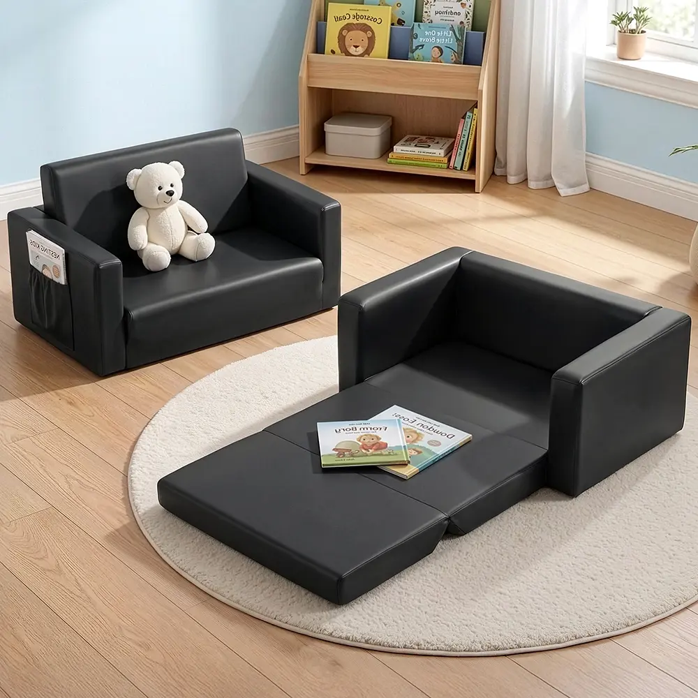 Keezi Kids Sofa 2 Seater Children Flip Open Couch PU Leather Armchair Black - Over 40% off Living Room Furniture