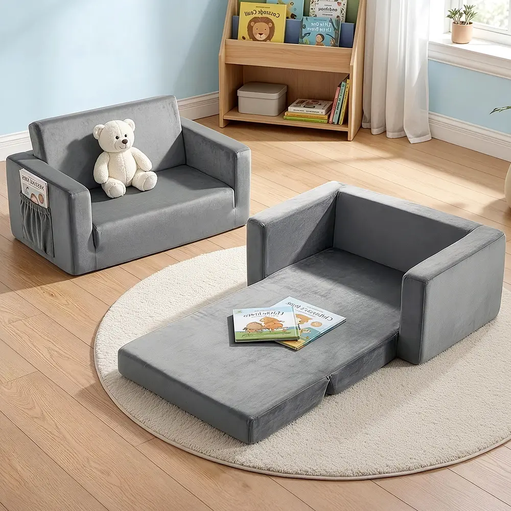 Keezi Kids Sofa 2 Seater Children Flip Open Couch Velvet Armchair Grey - Up to 70% Off Kids & Baby Furniture