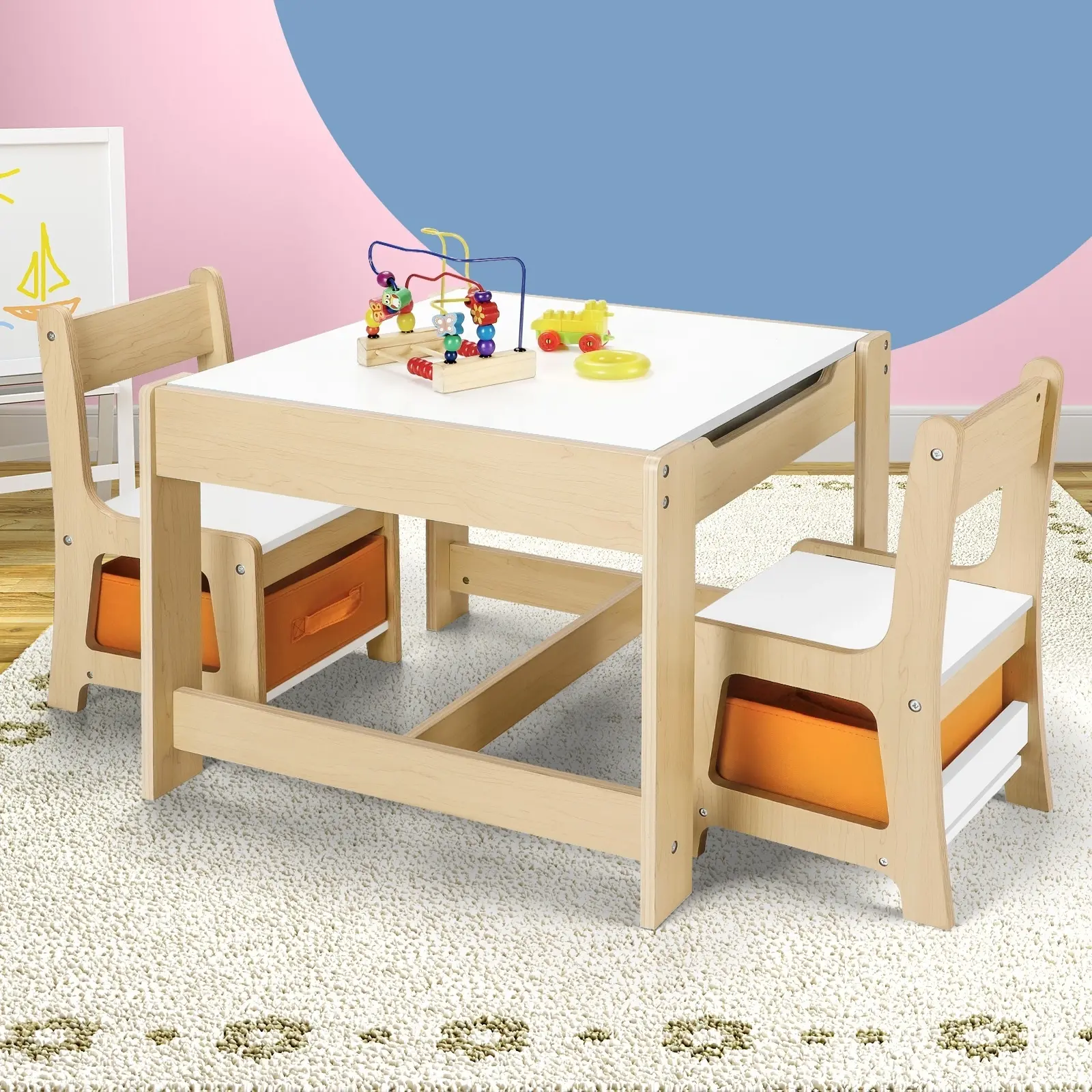 Oikiture Kids Table and Chairs Set Activity Play Study Desk Toys Storage Box - Furniture