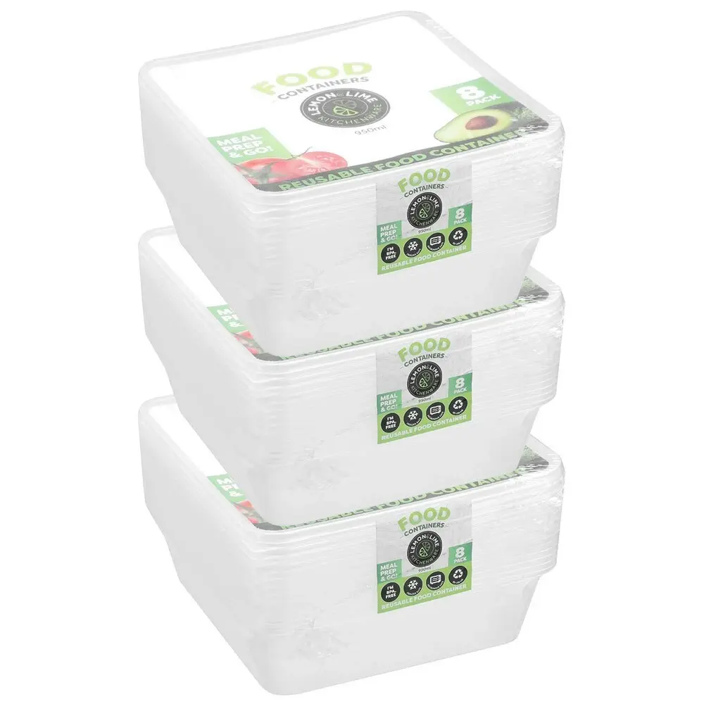 3x 8PK Lemon & Lime 950ml Reusable Food Container/Storage Square w/ Lid Clear - Free Shipping Specials